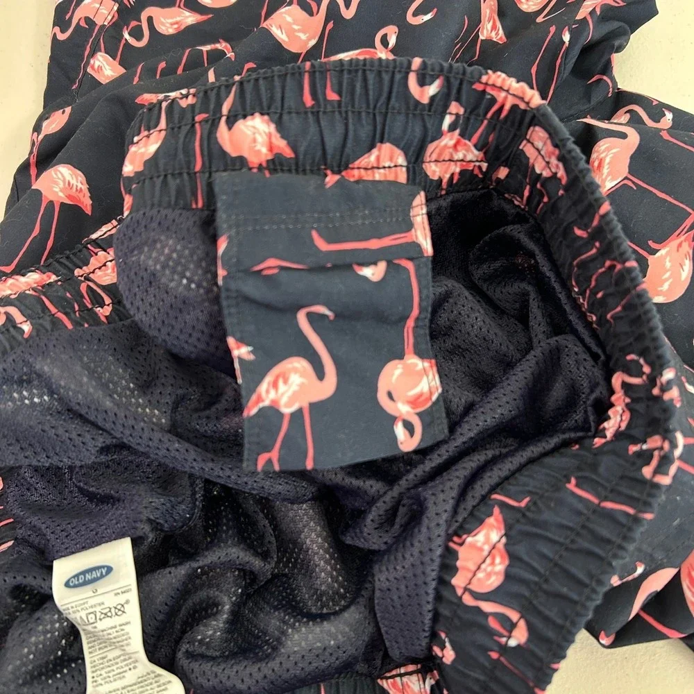 Old Navy Mens‎ Navy Blue Pink Flamingo Drawstring Swim Shorts with Pockets Beach